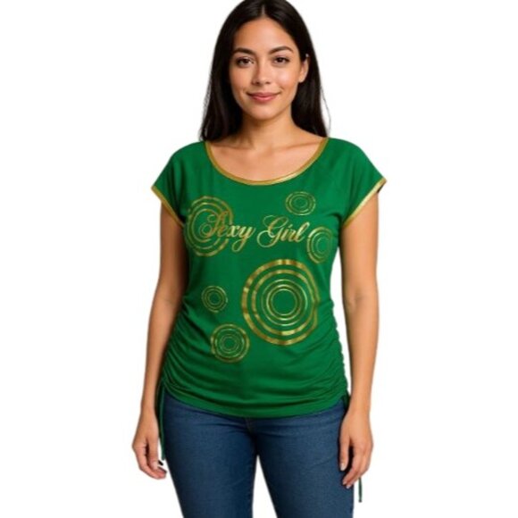 Unbranded Size Large Sexy Girl Top Gold Swirl Design Side Drawstrings Green - Picture 1 of 11